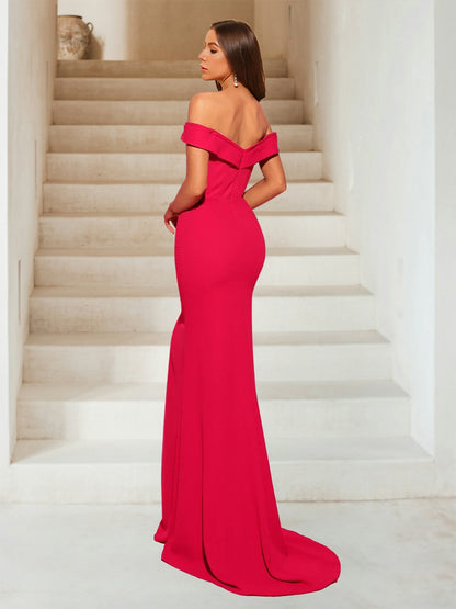 Sheath/Column Off-the-Shoulder V-Neck Sweep Train Chiffon Evening Dresses