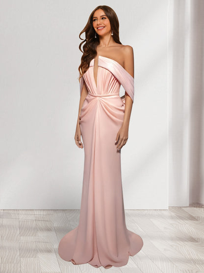 Sheath/Column Strapless Sleeveless Sweep Train Evening Dresses with Ruffles