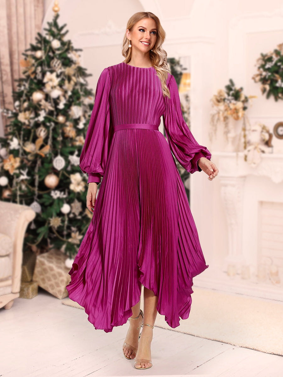 A-Line/Princess Scoop Neck Ankle-Length Christmas Dresses With Pleats & Belt