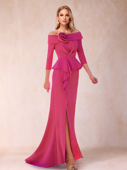 Sheath/Column Off-the-Shoulder Floor-Length Mother of the Bride Dresses With Ruffles &  Split Side