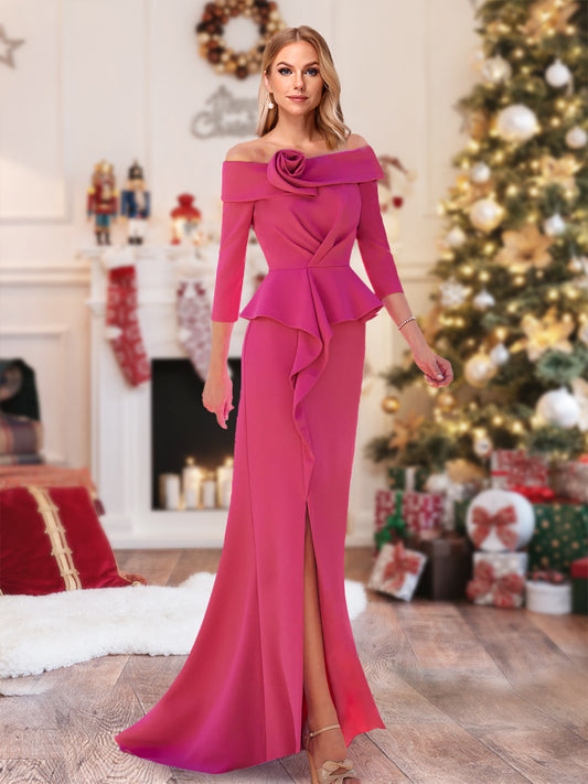 Sheath/Column Off-the-Shoulder Floor-Length Christmas Dresses With Ruffles &  Split Side