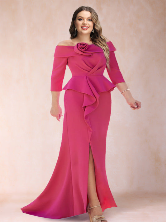 Sheath/Column Off-the-Shoulder Floor-Length Plus Size Mother of the Bride Dresses With Ruffles &  Split Side