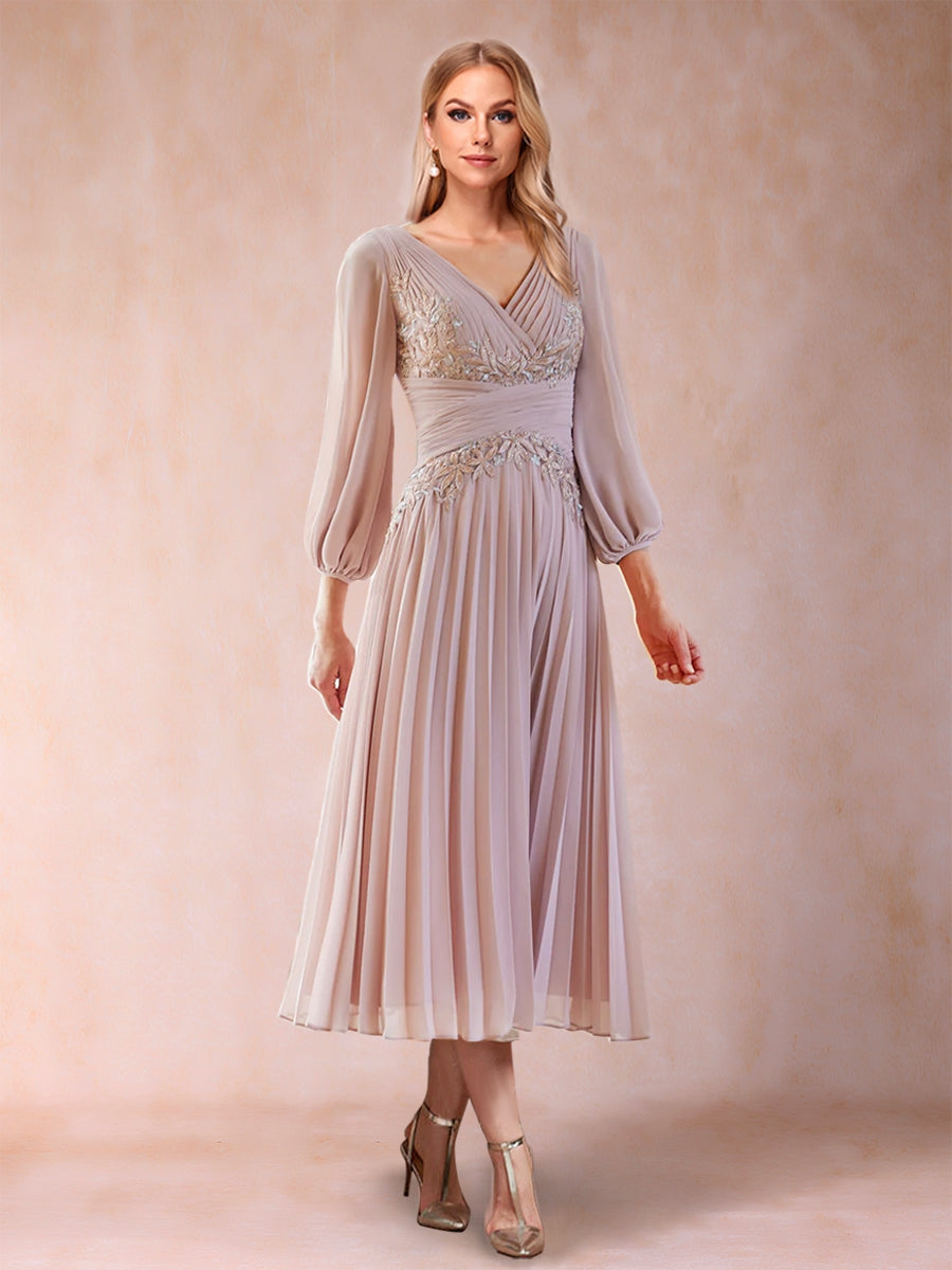 A-Line/Princess V-Neck Tea-Length Chiffon Mother of the Bride Dresses With Pleats & Sequins