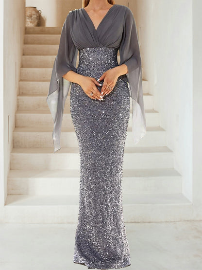 Sheath/Column V-Neck Half Sleeves Floor-Length Mother of the Bride Dresses With Sequins