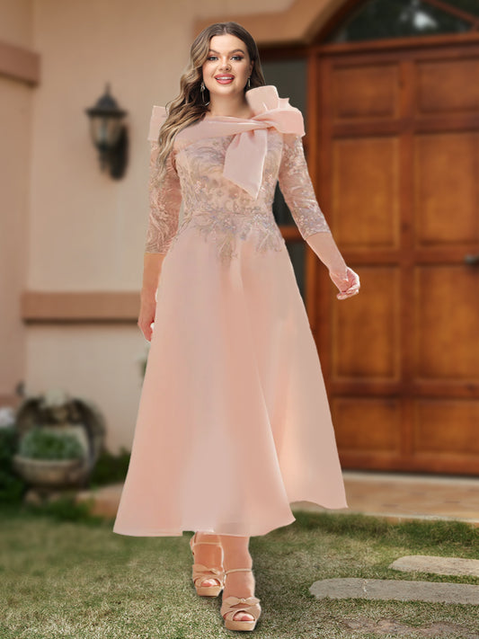 A-Line/Princess Off-the-Shoulder Ankle-Length Plus Size Mother of the Bride Dresses With Bow(s) & Appliques