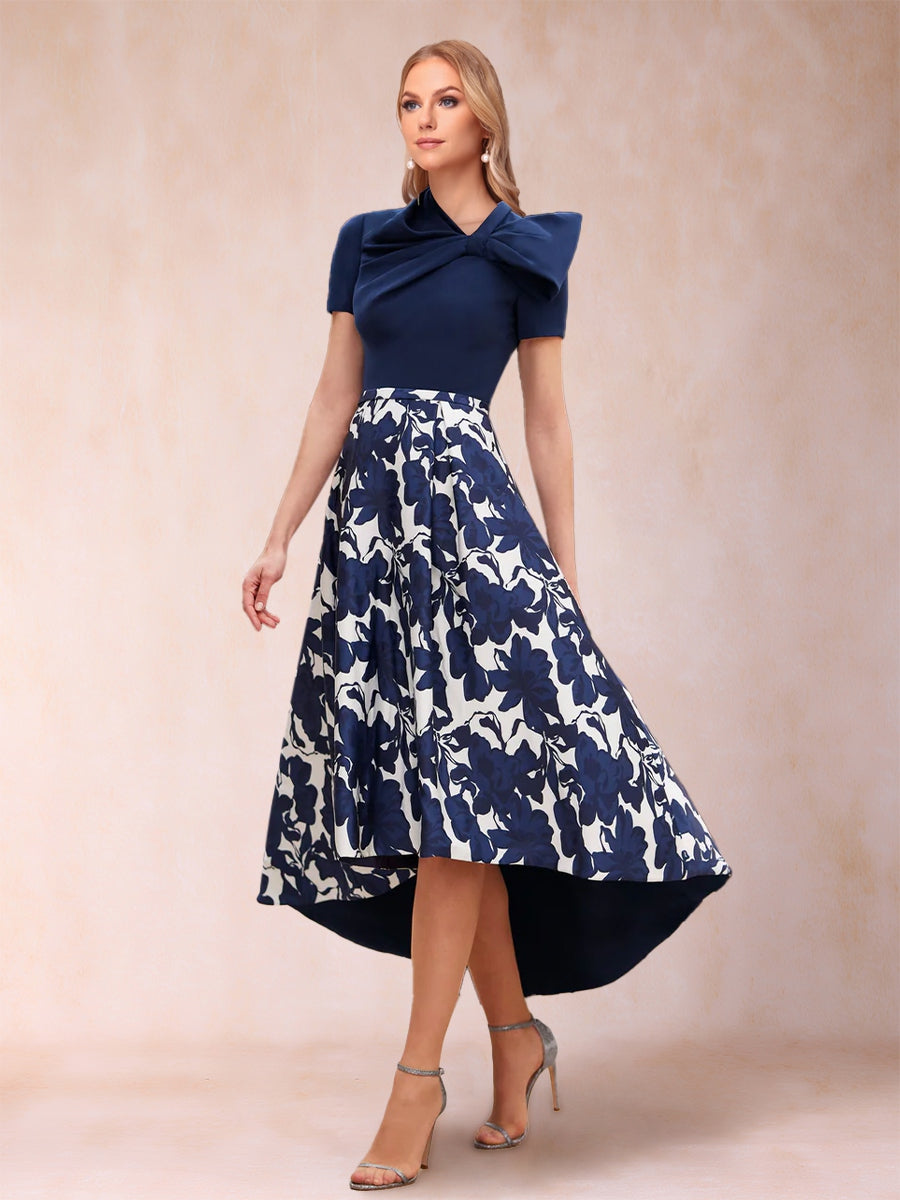 A-Line/Princess Scoop Short Sleeves Asymmetrical Mother of the Bride Dresses With Printed Flower