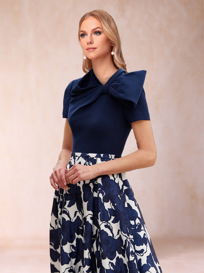 A-Line/Princess Scoop Short Sleeves Asymmetrical Mother of the Bride Dresses With Printed Flower