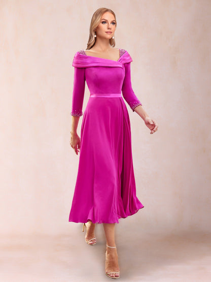 A-Line/Princess V-Neck 3/4 Sleeves Tea-Length Mother of the Bride Dresses With Rhinestone