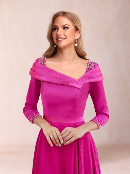 A-Line/Princess V-Neck 3/4 Sleeves Tea-Length Mother of the Bride Dresses With Rhinestone