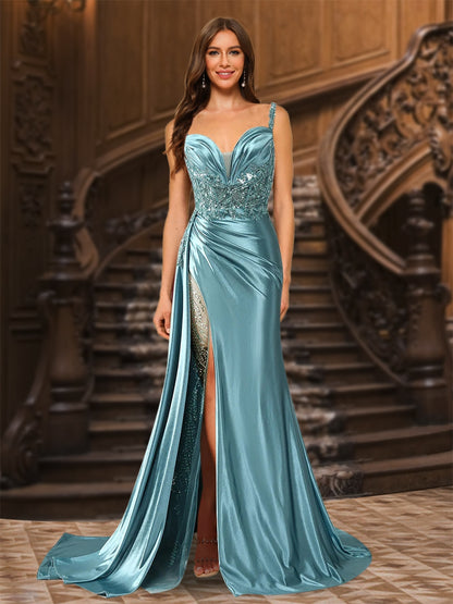 Trumpet/Mermaid Spaghetti Straps Ruched Long Evening Dresses with  Split Side & Appliques