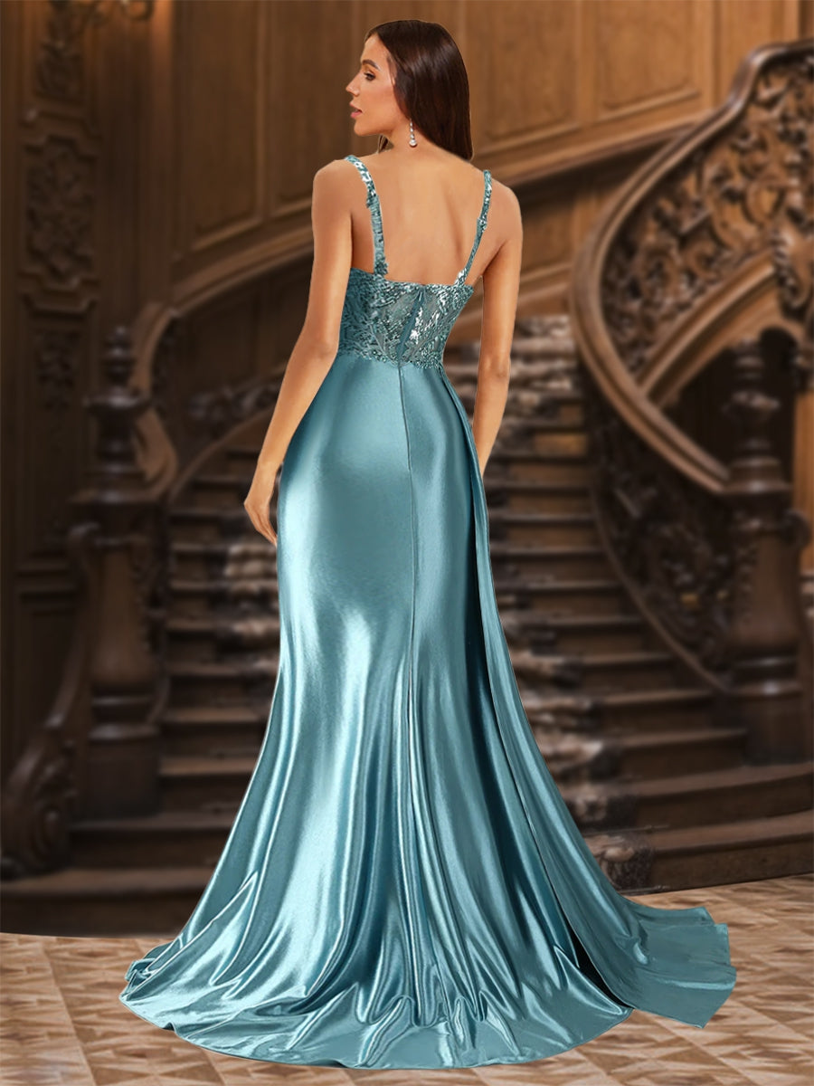 Trumpet/Mermaid Spaghetti Straps Ruched Long Evening Dresses with  Split Side & Appliques