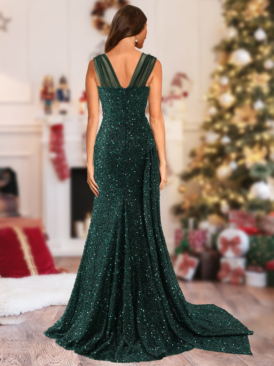 Sparkly Trumpet/Mermaid Sweetheart Long Christmas Dresses with Split Side