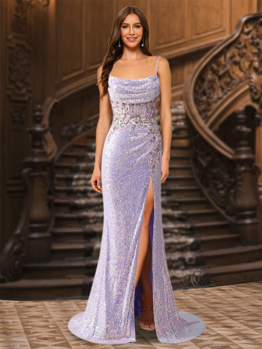 Trumpet/Mermaid Spaghetti Straps Long Sparkling Evening Dresses with Split Side & Appliques