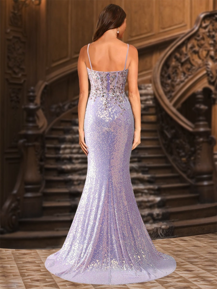 Trumpet/Mermaid Spaghetti Straps Long Sparkling Evening Dresses with Split Side & Appliques