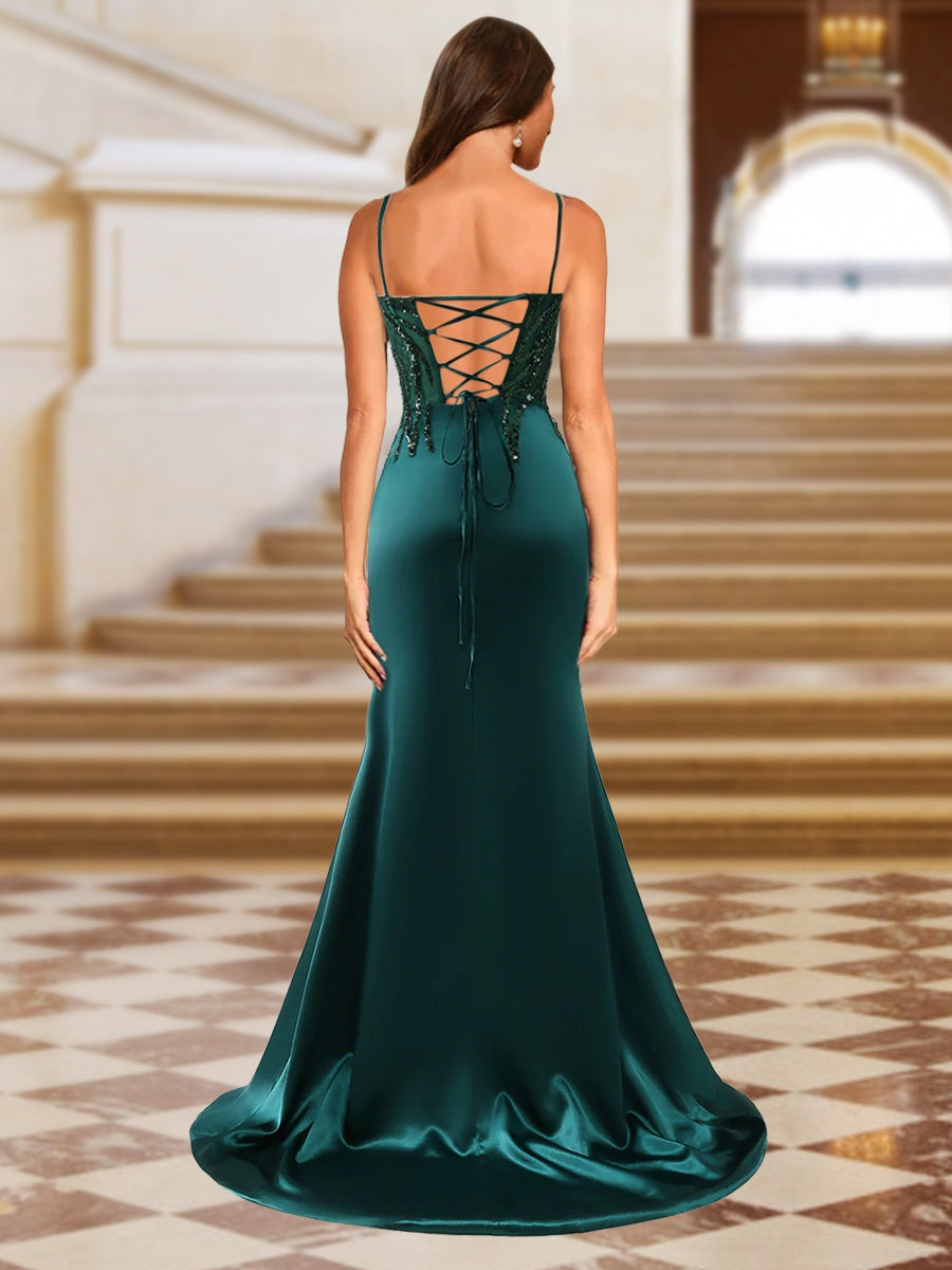 Sparkly Trumpet/Mermaid Spaghetti Straps Long Evening Dresses with Side Slit & Appliques