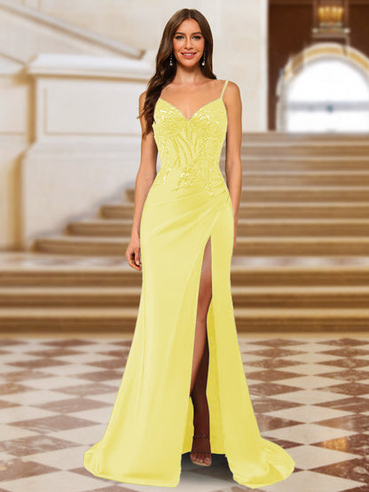 Sparkly Trumpet/Mermaid Spaghetti Straps Long Evening Dresses with Side Slit