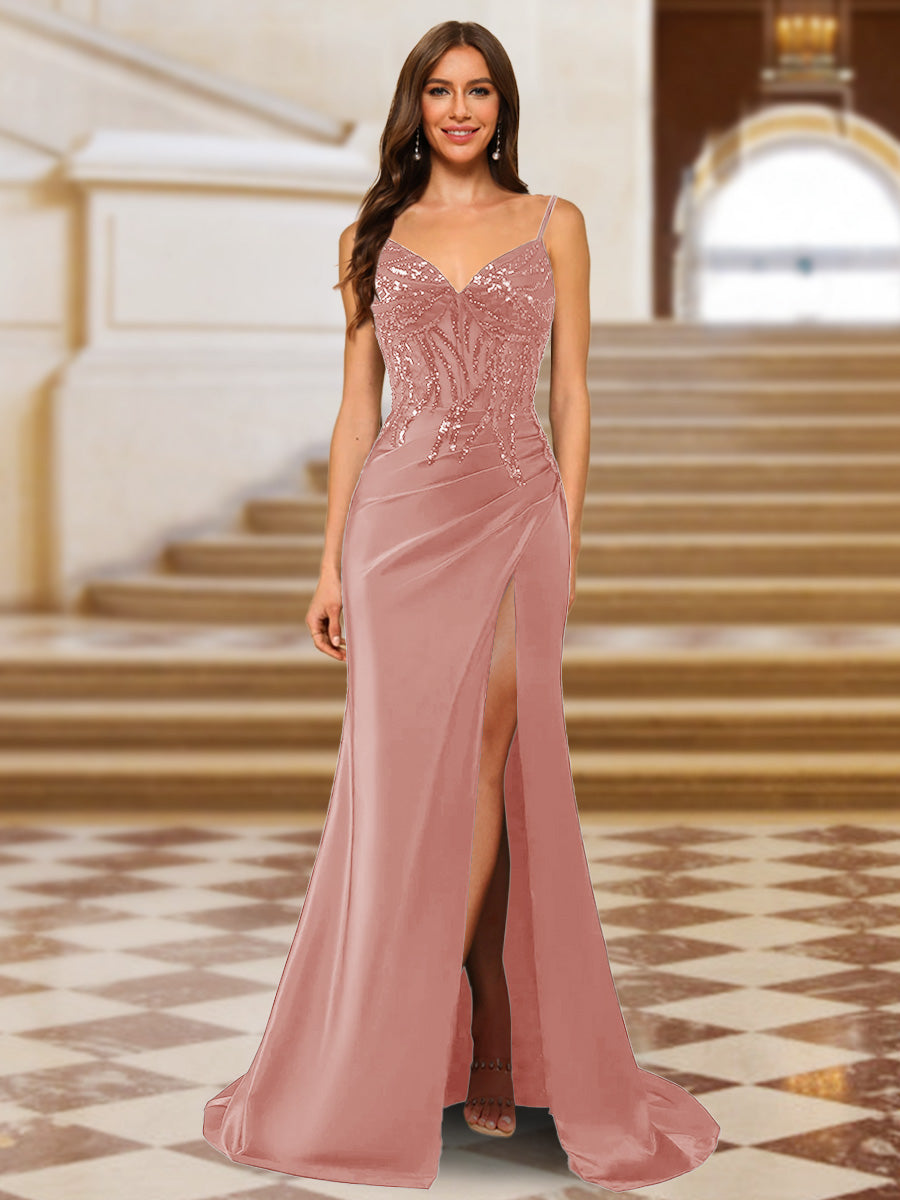 Sparkly Trumpet/Mermaid Spaghetti Straps Long Evening Dresses with Side Slit