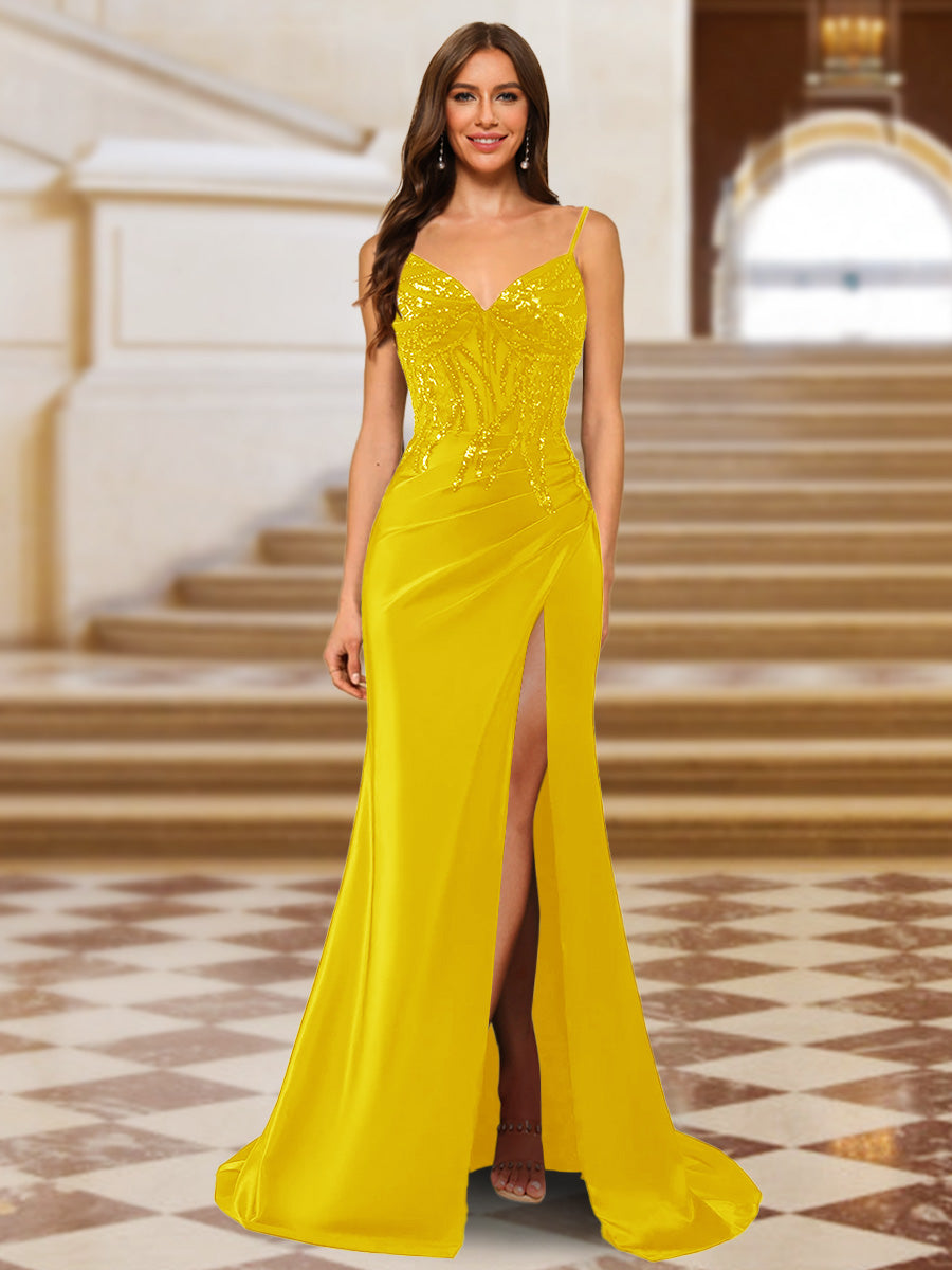 Sparkly Trumpet/Mermaid Spaghetti Straps Long Evening Dresses with Side Slit