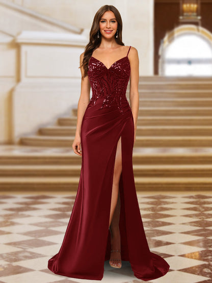 Sparkly Trumpet/Mermaid Spaghetti Straps Long Evening Dresses with Side Slit