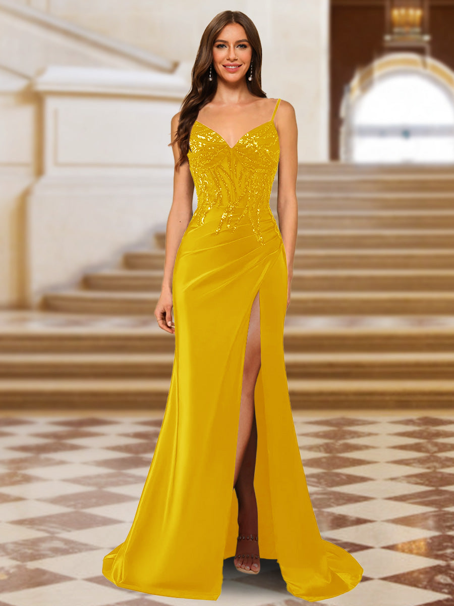 Sparkly Trumpet/Mermaid Spaghetti Straps Long Evening Dresses with Side Slit