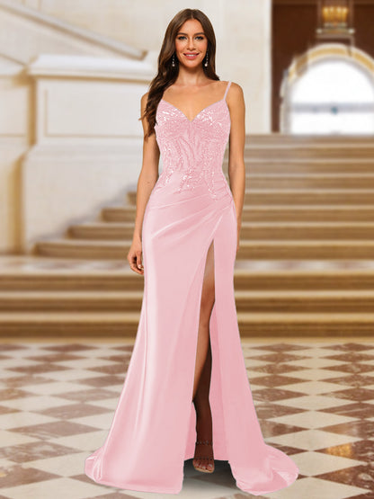 Sparkly Trumpet/Mermaid Spaghetti Straps Long Evening Dresses with Side Slit