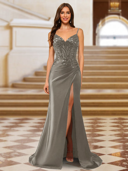 Sparkly Trumpet/Mermaid Spaghetti Straps Long Evening Dresses with Side Slit