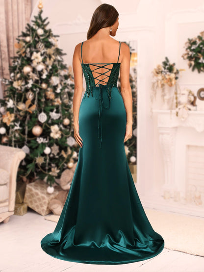 Sparkly Trumpet/Mermaid Spaghetti Straps Long Christmas Dresses with Side Slit & Appliques