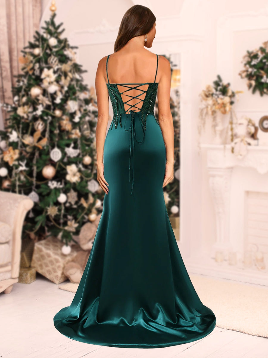 Sparkly Trumpet/Mermaid Spaghetti Straps Long Christmas Dresses with Side Slit & Appliques