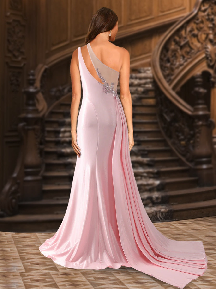 Trumpet/Mermaid One-Shoulder Sweep Train/Brush Train Evening Dresses with Side Slit & Appliques