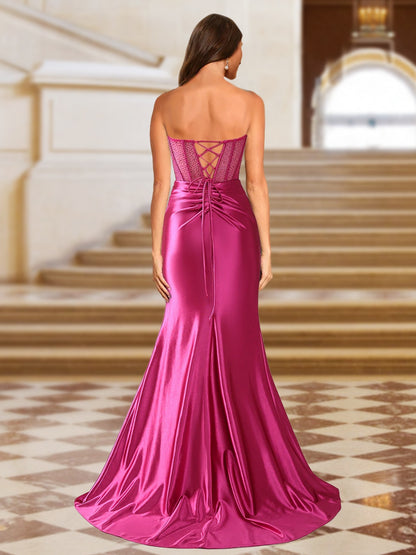 Trumpet/Mermaid Strapless Pleated Long Evening Dresses with Side Slit & Sequins