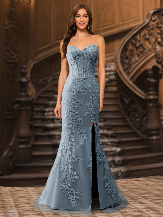 Trumpet/Mermaid Sweetheart Pleated Tulle Long Evening Dresses with Side Slit & Appliques