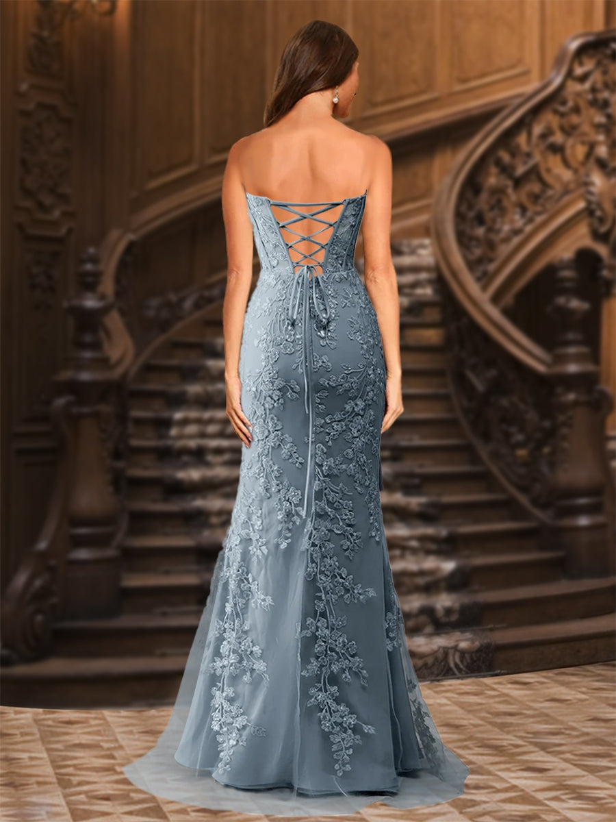 Trumpet/Mermaid Sweetheart Pleated Tulle Long Evening Dresses with Side Slit & Appliques