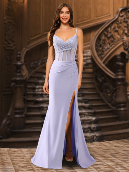 Trumpet/Mermaid Spaghetti Straps Pleated Satin Long Prom Dresses with Side Slit & Rhinestone