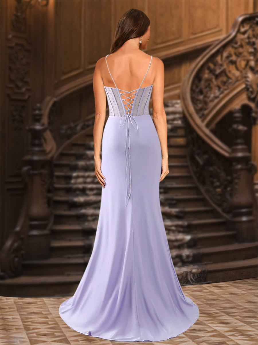 Trumpet/Mermaid Spaghetti Straps Pleated Satin Long Prom Dresses with Side Slit & Rhinestone