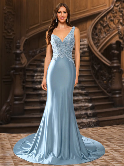 Trumpet/Mermaid V-Neck Satin Long Elegant Prom Dresses with Appliques