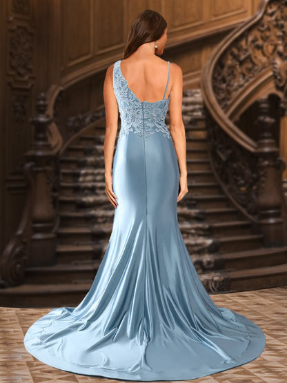 Trumpet/Mermaid V-Neck Satin Long Elegant Prom Dresses with Appliques