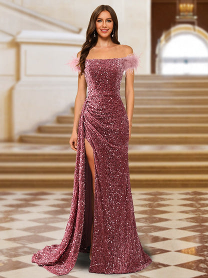 Sparkly Trumpet/Mermaid Strapless Sequined Long Evening Dresses with Split Side & Feather