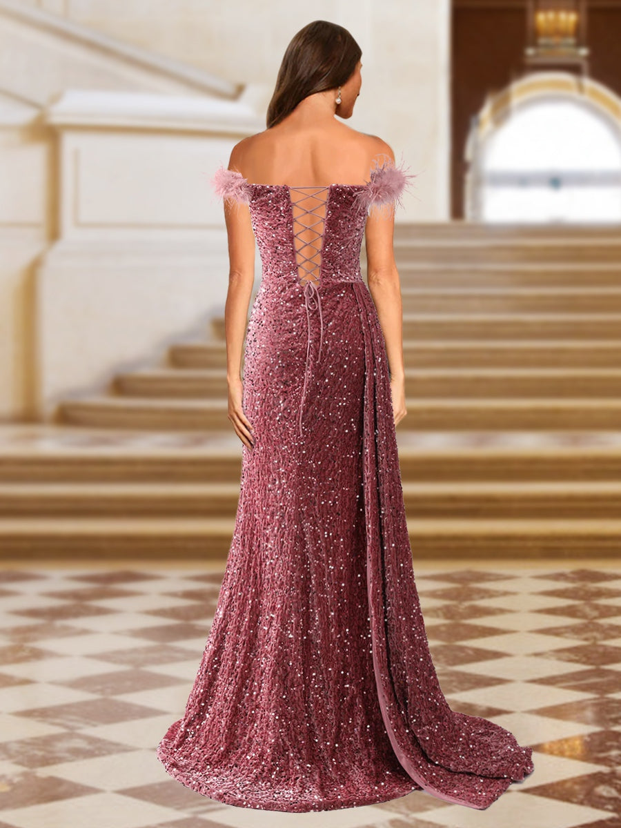 Sparkly Trumpet/Mermaid Strapless Sequined Long Evening Dresses with Split Side & Feather