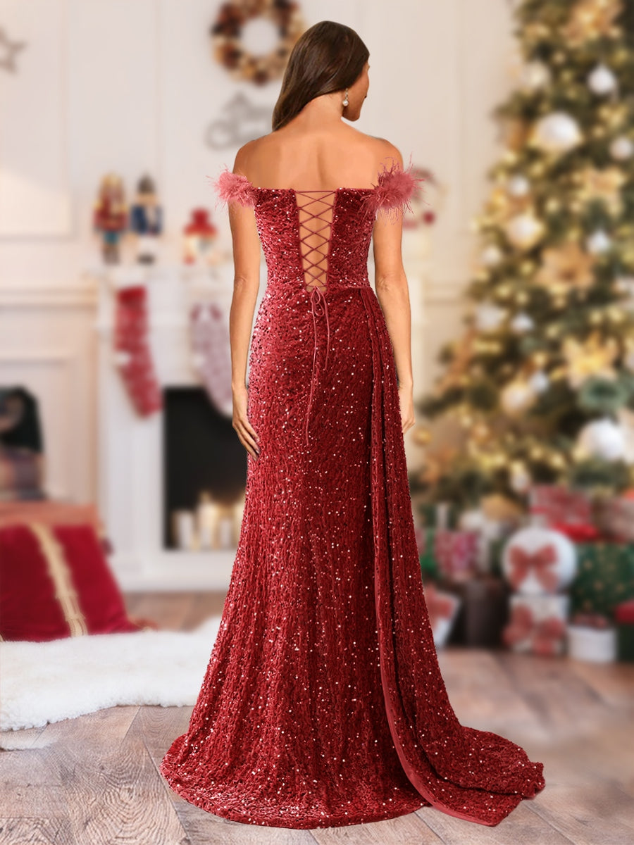 Sparkly Trumpet/Mermaid Strapless Sequined Long Christmas Dresses with Split Side & Feather