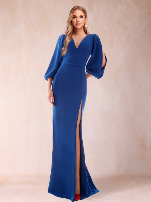 Sheath/Column V-Neck 3/4 Sleeves Floor-Length Mother of the Bride Dresses with Side Slit