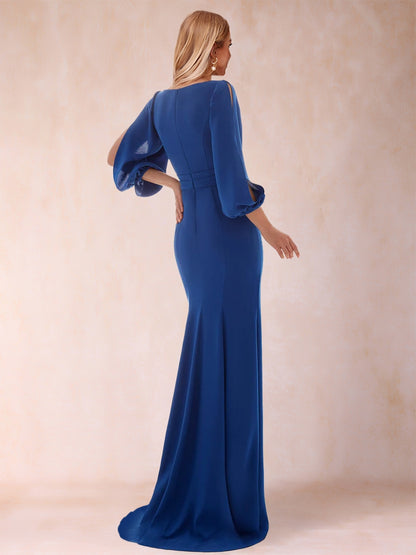 Sheath/Column V-Neck 3/4 Sleeves Floor-Length Mother of the Bride Dresses with Side Slit