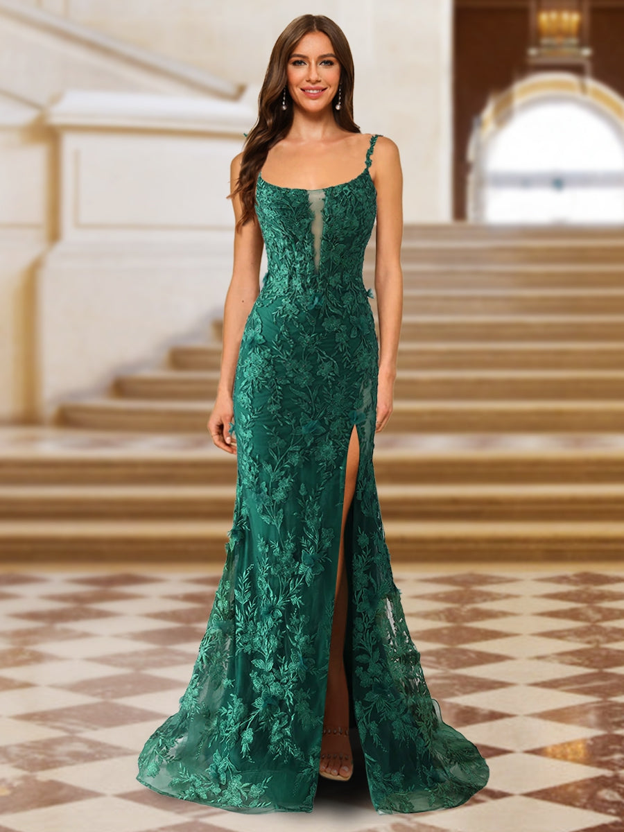 Trumpet/Mermaid Spaghetti Straps Tulle Long Evening Dresses with Side Slit & Appliques