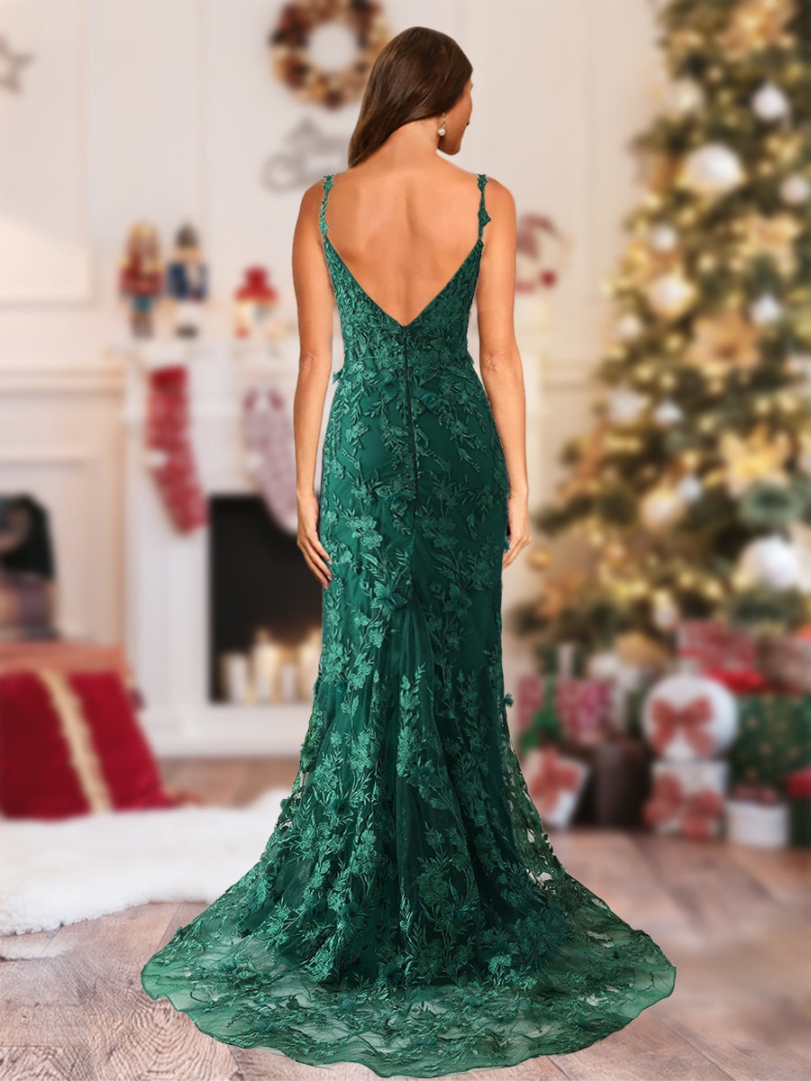 Trumpet/Mermaid Spaghetti Straps Tulle Long Christmas Dresses with Side Slit & Appliques