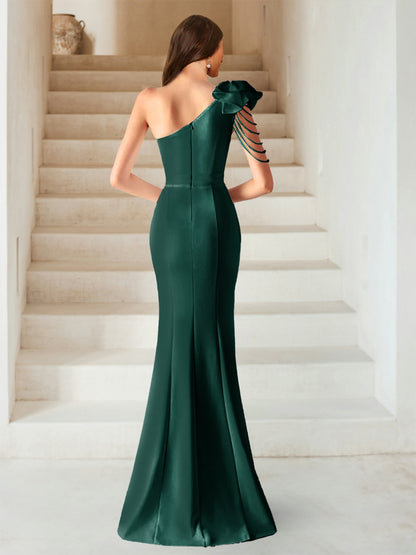 Sexy Sheath/Column One-Shoulder Evening Dresses with Side Slit & Flower