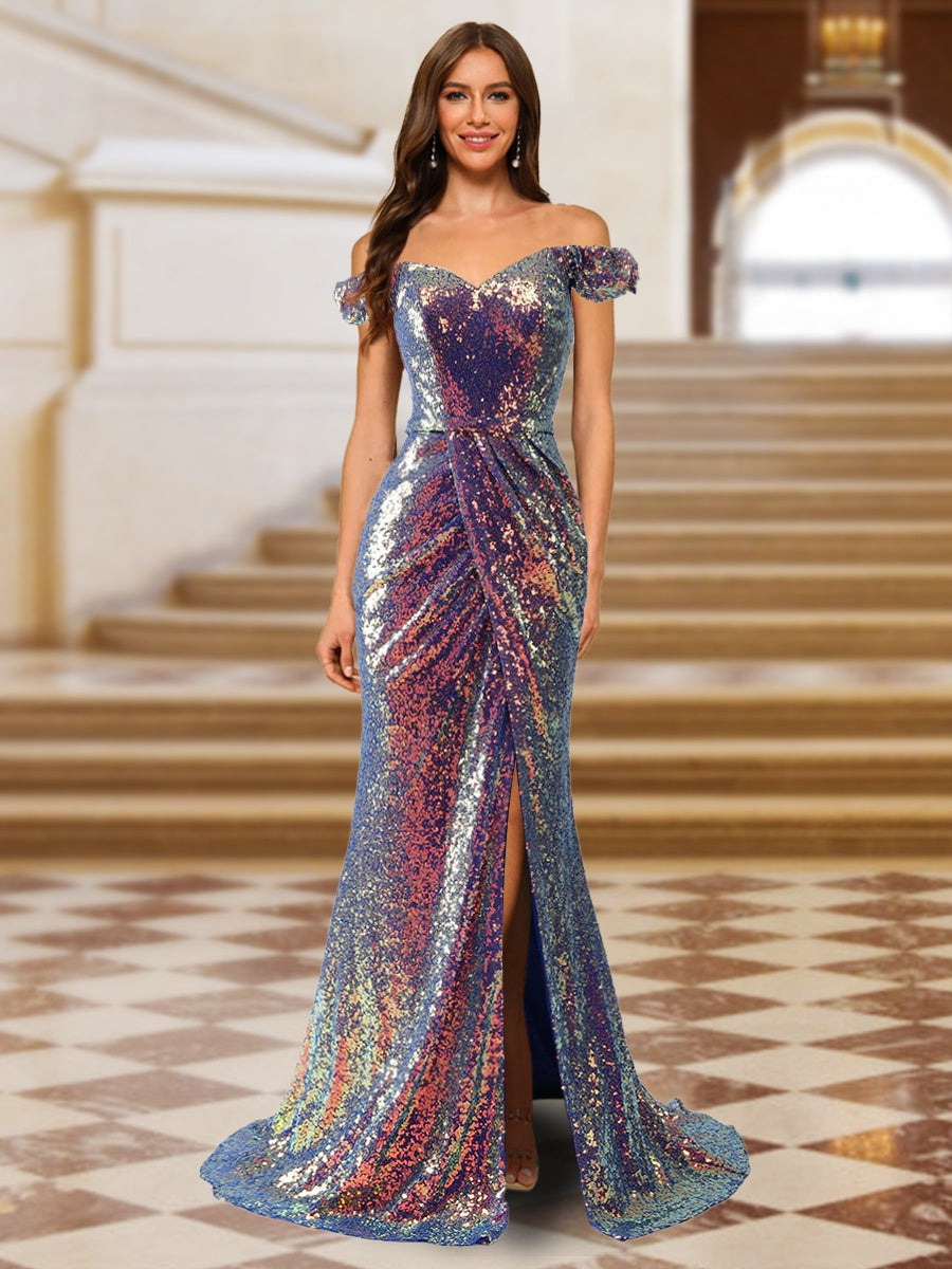 Sparkly Trumpet/Mermaid Off-the-Shoulder Long Evening Dresses with Split Side