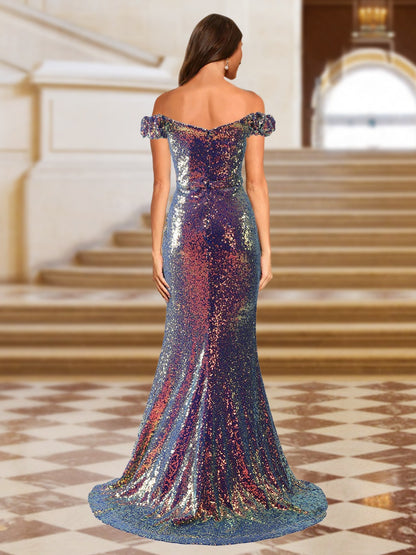 Sparkly Trumpet/Mermaid Off-the-Shoulder Long Evening Dresses with Split Side