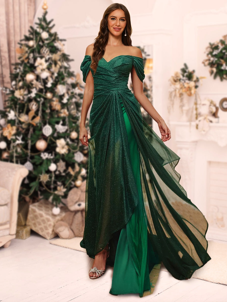 Trumpet/Mermaid Off-the-Shoulder Asymmetrical Christmas Dresses with Split Side