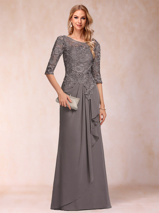 A-Line/Princess Scoop 3/4 Sleeves Chiffon Mother of the Bride Dresses with Ruffles & Appliques