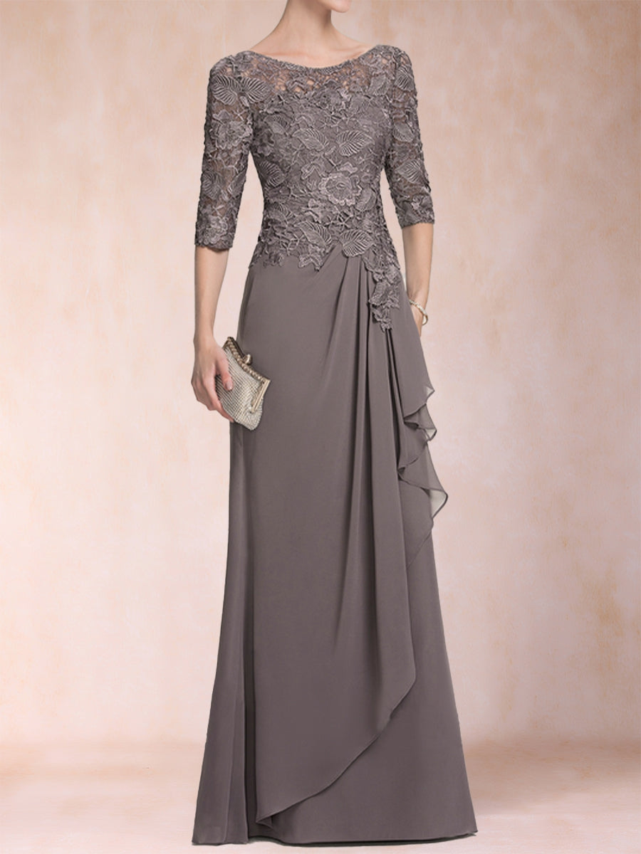 A-Line/Princess Scoop 3/4 Sleeves Chiffon Mother of the Bride Dresses with Ruffles & Appliques