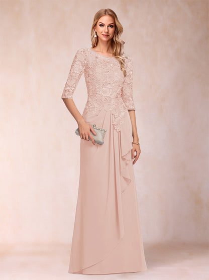 A-Line/Princess Scoop 3/4 Sleeves Chiffon Mother of the Bride Dresses with Ruffles & Appliques